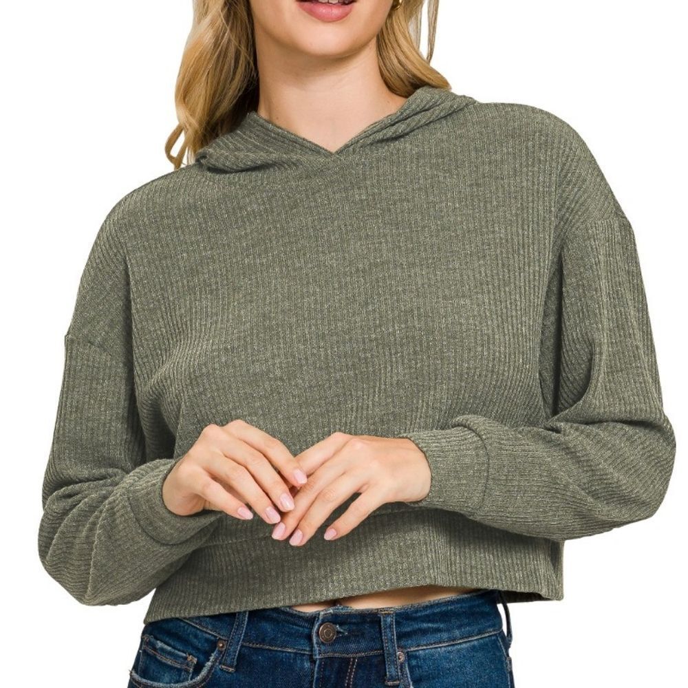 *Last Day*Zenana Drop Shoulder Ribbed Crop Green Hoodie